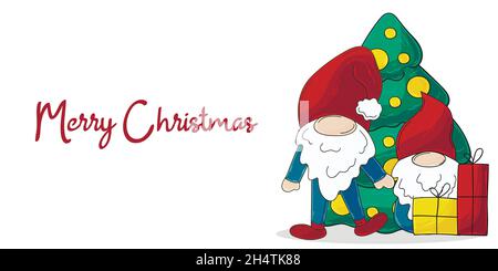 Banner natalizio bianco in stile disegnato a mano. Due gnomes in cappelli di Babbo Natale, albero di Natale, regali. Carino scheda vacanza, volantino, banner, invito Illustrazione Vettoriale