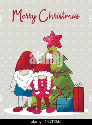 Biglietto di Natale in stile disegnato a mano. Due gnomes in cappelli di Babbo Natale, albero di Natale, regali. Carino scheda di vacanza, volantino, banner Illustrazione Vettoriale