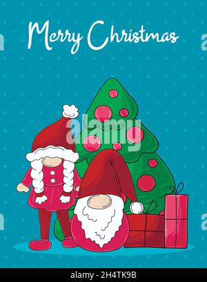 Due gnomes in cappelli di Babbo Natale, albero di Natale, regali. Biglietto di Natale in stile disegnato a mano. Carino Illustrazione Vettoriale
