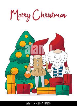 Biglietto di Natale in stile disegnato a mano. Due gnomes in cappelli di Babbo Natale, albero di Natale, regali. Carta carina Illustrazione Vettoriale