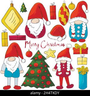 Set di elementi di Capodanno in stile disegnato a mano. Gnomes in cappelli di Babbo Natale, albero di Natale, decorazioni. Set di illustrazioni vettoriali per il progetto. Sig Illustrazione Vettoriale