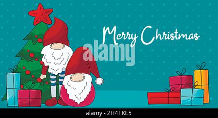 Banner natalizio blu in stile disegnato a mano. Due gnomes in cappelli di Babbo Natale, albero di Natale, regali. Carino scheda vacanza, volantino, banner, invito Illustrazione Vettoriale