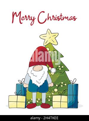 Biglietto di Natale in stile disegnato a mano. GNOME a Babbo Natale cappello, albero, regali. Carino scheda vacanza, volantino Illustrazione Vettoriale