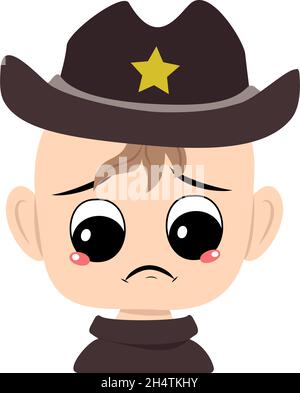 Ragazzo con pianto e lacrime di emozione, volto triste, occhi depressivi in berfio con stella gialla. Testa di bambino carino con espressione malinconia in costume da carnevale per la vacanza Illustrazione Vettoriale