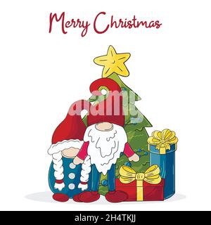 Due gnomes in cappelli di Babbo Natale, albero di Natale, regali. Biglietto di Natale in stile disegnato a mano. Carta carina Illustrazione Vettoriale