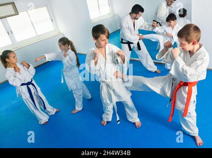 Adolescenti che praticano nuove mosse di karate in coppia in classe Foto Stock
