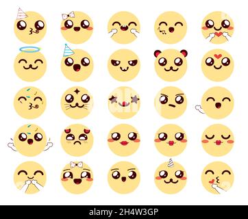 Set vettoriale di caratteri chibi Smileys. Kawaii emojis collection con simpatiche espressioni facciali in volti gialli per un amichevole design cartoon emoticon. Illustrazione Vettoriale