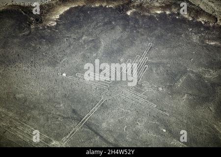 Il Colibrì, Linee di Nazca, (antica geoglifi e Sito del Patrimonio Mondiale) nel deserto vicino a Nazca, Regione di Ica, Perù, Sud America - aerial Foto Stock