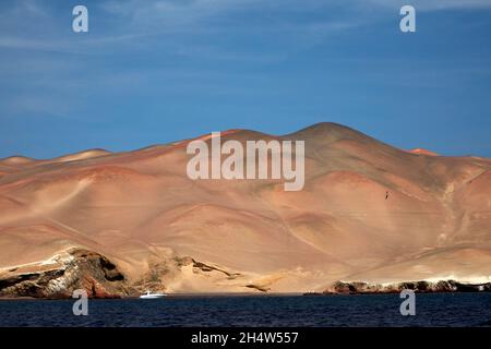 Barca e arida penisola di Paracas, Paracas riserva nazionale, Pisco Provincia, Regione di Ica, Perù, Sud America Foto Stock
