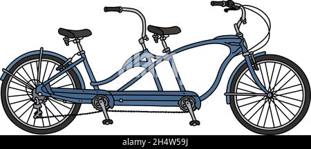 Il disegno a mano vettorizzato di una bicicletta tandem blu retrò Illustrazione Vettoriale