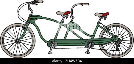 Il disegno a mano vettorizzato di una bicicletta tandem retro verde Illustrazione Vettoriale