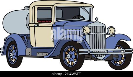 Il disegno a mano vettorizzato di un camioncino per latticini bianco e blu d'epoca Illustrazione Vettoriale