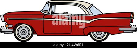 Il disegno a mano vettorizzato di un divertente vecchio coupé americano rosso Illustrazione Vettoriale