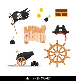 Pacchetto di articoli pirata. Ruota della nave, bandiera, cappello, mappa, ancora, bussola, cassa del tesoro. Collezione di pirateria isolata su sfondo bianco. Vettore infantile Illustrazione Vettoriale