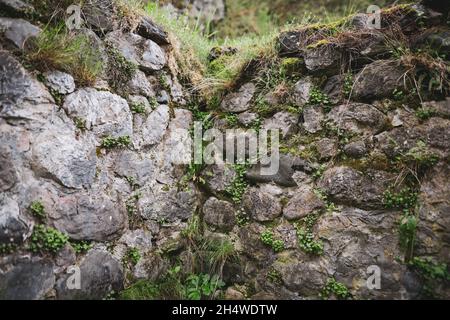 Dettagli di un muro di pietra medievale all'interno del Castello di Bran, noto anche come Castello di Dracula in Transilvania, Romania. Foto Stock