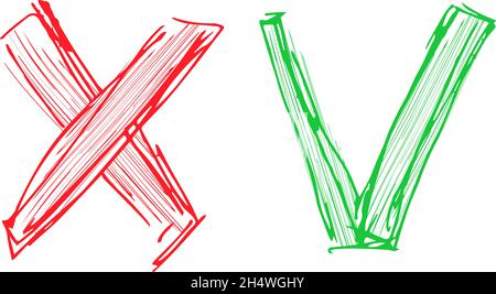 Accettazione e rifiuto simbolo. Il segno di spunta verde OK e una X rossa icone isolati su sfondo bianco. Pulsante per controllare l'elenco di marchi, opzioni di scelta, sondaggio Illustrazione Vettoriale