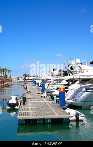 Barche di lusso ormeggiate contro un pontile nel porto turistico, Vilamoura, Algarve, Portogallo, Europa. Foto Stock