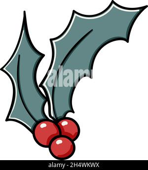 Holly Doodle vettore schizzi set di Natale. Collezione di illustrazioni fiori invernali. Vischio verde con fiori rossi illustrazione scura isolato su sfondo bianco Illustrazione Vettoriale
