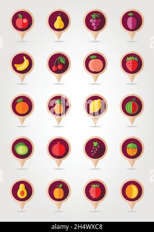 Fruits mappatura PIN icone con ombra lunga, eps 10 Illustrazione Vettoriale