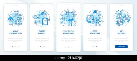 Componenti del modello aziendale schermata blu della pagina dell'applicazione mobile onboarding Illustrazione Vettoriale