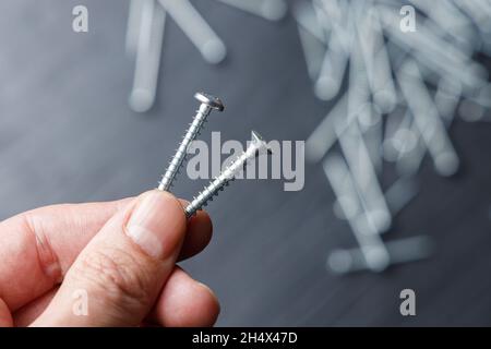 Tenere a mano due viti in acciaio su sfondo bianco e nero Foto Stock