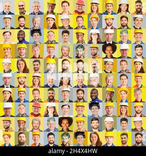 Collage di ritratti dei dipendenti di industria, edilizia e artigianato di fronte a uno sfondo colorato Foto Stock