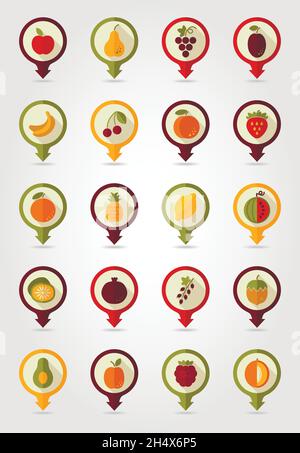 Fruits mappatura PIN icone con ombra lunga, eps 10 Illustrazione Vettoriale