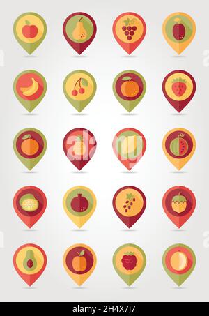 Fruits mappatura PIN icone con ombra lunga, eps 10 Illustrazione Vettoriale