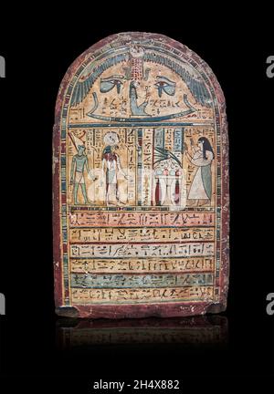 Stele egizio tolemaico della signora Neniset che adorava il sole, 332-30 a.C., il Museo del Louvre inv E20044. Scena di adorazione; donna in piedi, adorazione Foto Stock