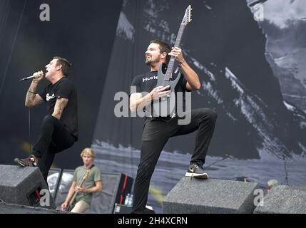 Jeff Ling di Parkway Drive in concerto al Download Festival al Donington Park Foto Stock