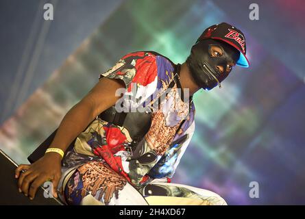 Ojay Morgan aka Zebra Katz in concerto durante il Lovebox Festival 2013 a Victoria Park - Londra Foto Stock