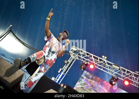 Ojay Morgan aka Zebra Katz in concerto durante il Lovebox Festival 2013 a Victoria Park - Londra Foto Stock