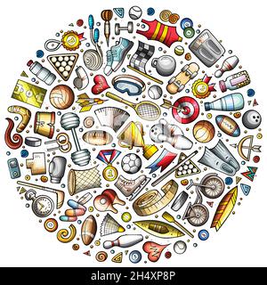 Colorato vettore disegnata a mano insieme di oggetti, simboli e oggetti di doodle cartoni animati Sport. Composizione rotonda Illustrazione Vettoriale