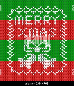 Modello a maglia in uno stile brutto maglione con campane jingle e testo Merry Xmas Illustrazione Vettoriale