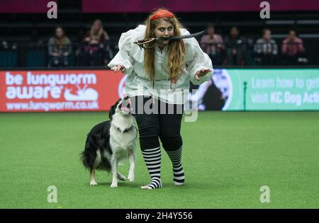 Concorso Heelwork to music il giorno 2 della mostra di cani Crufts al NEC il 11 2016 marzo a Birmingham, Regno Unito. Foto Stock