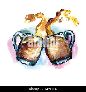 Disegno a mano acquerello due tazze di birra bere ad un toast con uno splash di birra schiuma design Illustrazione Vettoriale