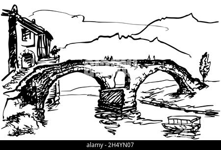 Un vecchio ponte in pietra sul fiume, un pezzo di città e una barca da diporto sullo sfondo delle montagne. Schizzo lineare in bianco e nero. Illustrazione Vettoriale