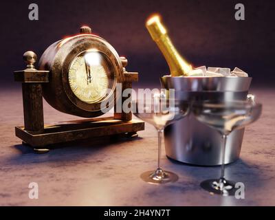 Rappresentazione 3D dell'orologio da tavolo a mezzanotte, bottiglia di champagne in frigo e due bicchieri di champagne su sfondo blu scuro Foto Stock