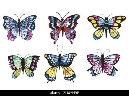 Disegno a mano collezione di farfalle piuttosto colorato acquerello design Illustrazione Vettoriale