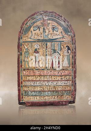 Stele egizio tolemaico della signora Neniset che adorava il sole, 332-30 a.C., il Museo del Louvre inv E20044. Scena di adorazione; donna in piedi, adorazione Foto Stock