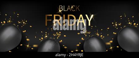 Banner del black friday con scritte in oro, palloncini e serpentina. Illustrazione vettoriale Illustrazione Vettoriale