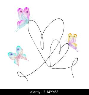 Cuore disegnato a mano con contorno nero e farfalle acquerello isolate su sfondo bianco. Linea continua sotto forma di cuore. Disegno a una linea. Tempo Foto Stock