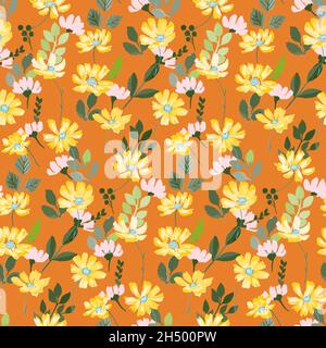 Splendido motivo floreale autunnale senza cuciture in caldo colore arancione. Stampa chintz con fiori selvatici. Illustrazione Vettoriale