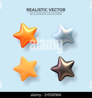 Set di stelle lucide. Collezione di stelle realistiche in diversi colori, tonalità opache e lucide. Oggetto di rendering 3d decorativo colorato e festoso. Decorazioni per feste. Illustrazione vettoriale Illustrazione Vettoriale
