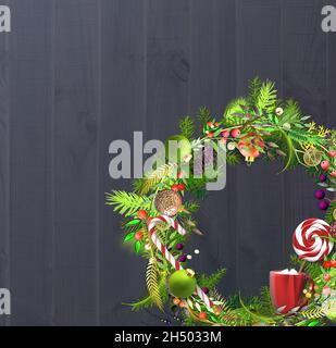 Natale modello di saluto corona di Natale con decorazioni festive, palline baubles, bacche, luci. Rami di albero di Natale, su sfondo di legno scuro. Modello per il voucher del calendario delle carte. 3D illustrazione Foto Stock