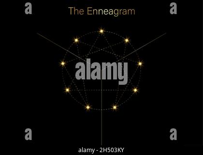 Icona Enneagram, geometria sacra di lusso dorato, modello di logo grafico, uno a nove che riguardano i nove tipi di personalità, stile linea tratteggiata oro Illustrazione Vettoriale