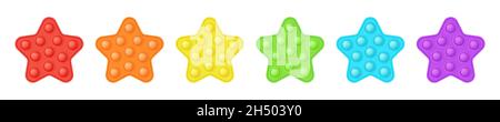 Set di stelle popit in stile un elegante gioco di fidget in silicone. Giocattolo antistress addictive in colori brillanti - rosso, arancione, blu, verde, giallo, viola. B Illustrazione Vettoriale
