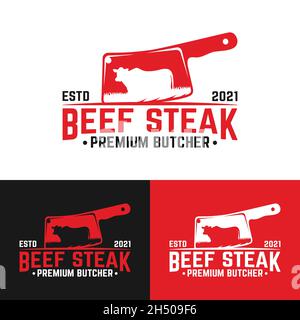 Coltello per carne con un simbolo di mucca. Adatto per macellerie, macellerie, gastronomia, carni bovine, mercato, modello di design con logo Hipster retro d'epoca. Illustrazione Vettoriale