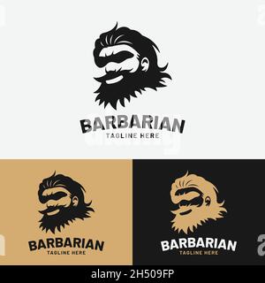Modello di design con logo Barbaran Bearded Man Head. Adatto per abbigliamento Moda Abbigliamento Sport Barbiere Shop Business Brand Company Logo Design. Illustrazione Vettoriale
