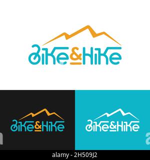 Logo bike and Hike in stile Wordmark che significa Ciclismo ed escursionismo. Adatto per biciclette Avventura Escursionismo all'aperto Arrampicata Viaggiare Sport Gear Club Illustrazione Vettoriale
